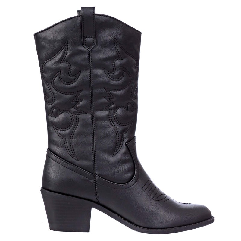 Charles Albert Cowboy Boots for Women Embroidered Cowgirl Boots Stacked Heel Pull Up Mid-Calf Western Boots in Black Size 7 - Image 2